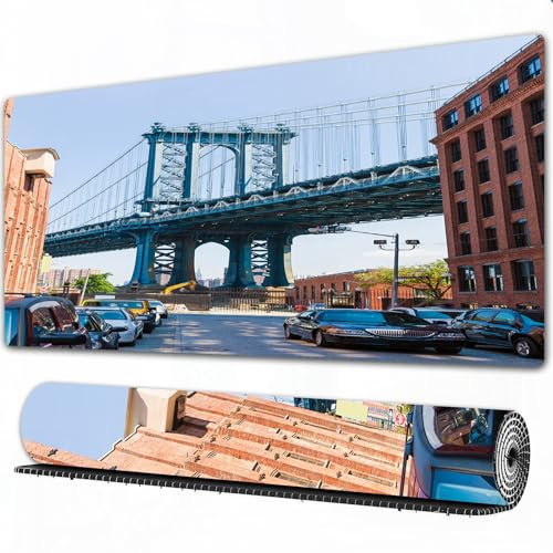 EOMKSE Mauspad Verlängertes großes Mauspad Schreibtischauflage,genähte Kanten Mauspad,Gummibasis,Brooklyn New York USA Wahrzeichen Bridge Street mit Autos Foto,Gaming-Mauspad,40x90 cm