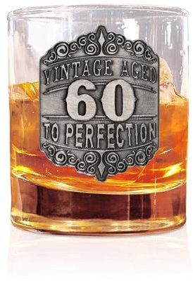 De Walden 60th Birthday Anniversary Whisky Glass Tumbler with Vintage Pewter Feature 13oz Whiskey Spirits Gift for Men
