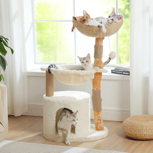 PAWZ Road Modern Cat Tree with Natural Solid Wood Scratching Post, 40 Inches Cat Tower with Spacious Wicker Basket,Large Metal Hammock,Luxury Condo for Indoor Cats