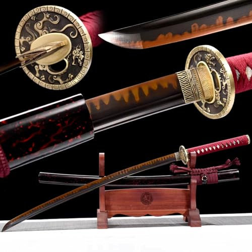 KWXPW 103cm handgefertigtes Katana,T10-Stahl mit Brennender Klingenprozess,Tsuba aus reinem Kupfer,Holzscheide,Japan Samurai-Schwert für Kendo-Übungen,Geschenke,Dekoration,Sammlung,Cosplay,Festivals