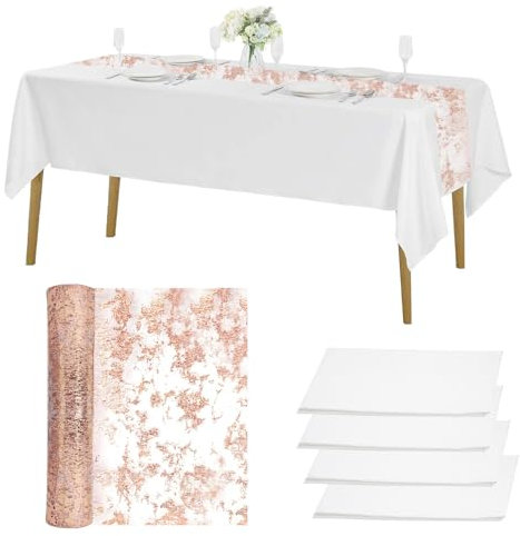 4 Stück Einweg Tischdecke Weiß 137 x 274 cm mit Tischläufer Rosegold 28 cm x 10 m, Wasserdicht Geburtstag Tischdecken, Kunststoff Tischdecken Rechteckig, für Hochzeit, Party, Weihnachten
