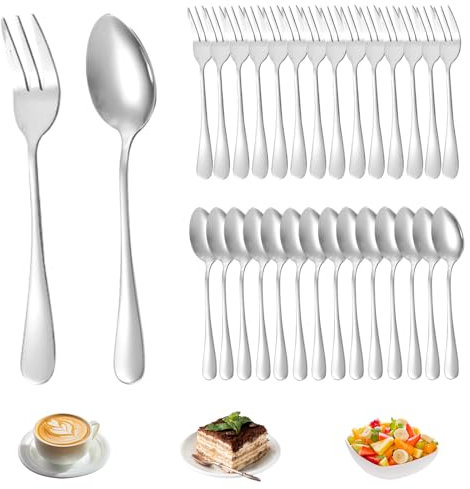 PRITOK Lot de 30 fourchettes à gâteau en acier inoxydable Cuillères à café en acier inoxydable Cuillère à café Couverts Set de 15 cuillères à café et 15 fourchettes à gâteau pour 15 personnes pour la