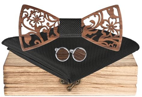 Mr.Van Holzfliege, Holz Fliege Herren Natürliche Schwarze Walnuss Hohle Schnitzblumen Fliege Manschettenknöpfe Einstecktuch Set Bräutigam Trauzeuge Hochzeit Abschlussball mit Geschenkbox für Männer