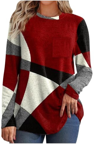 Fall Winter Fleece Tops for Women UK 2024 Casual Long Sleeve Crewneck Pullover Shirts Dressy Trendy Geometric Print Blouse Ladies Elegant Color Block Sweater Jumper Tops