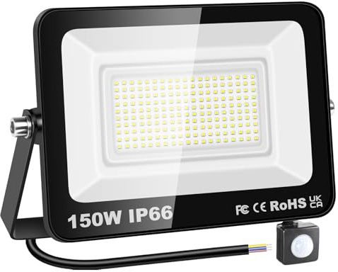 YOJZMA Projecteur LED Extérieur avec Détecteur de Mouvement, 150W blanche | Sans Prise, 15000LM, PIR, 6000K, IP66 étanche, éclairage de sécurité extérieur pour jardin garage cour terrain sport porche