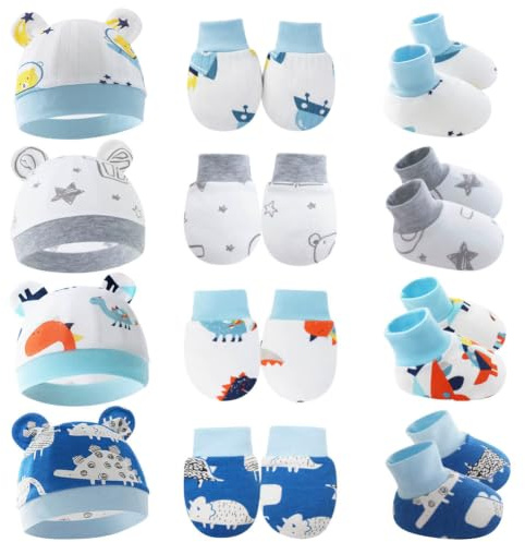 Besforta 4-Pack Preemie Hüte Handschuhe und Socken Set Weiche Baumwolle Warme Bär Ohr Preemie Beanie, Neugeborene Krankenhaus Hut für Baby Jungen Mädchen