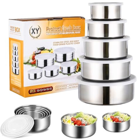 Vyanveo 5 Pezzi Ciotole Acciaio Inox Cucina, 270+430+680+1980+1300ml Impilabili Insalatiera con Coperchio, Ciotola con Coperchio per Cucinare Cuocere e Conservare