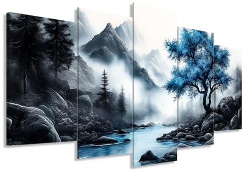 ZXHYWYM 5 teiliges Leinwandbild Wanddekoration für Wohnzimmer Schwarz Weiß Blau Gemälde Bäume Bilder Drucke Natur Berge Landschaftsgemälde gerahmt (Size 1)