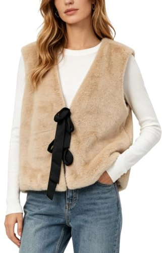 Amazhiyu Gilet da donna in finta pelliccia, senza maniche, soffice, invernale, primaverile, casual, con lacci, gilet peloso, gilet leggero, cachi, XL