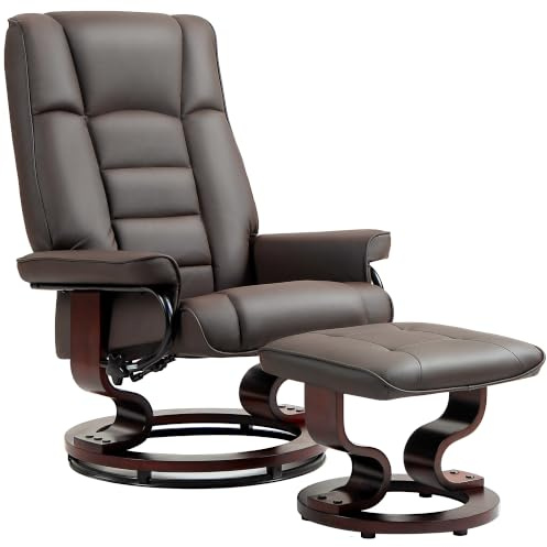 HOMCOM Relaxsessel mit Hocker 360° Drehbar mit Liegefunktion Braun | Hohe Rückenlehne, Holzgestell, Fernsehsessel, TV-Sessel, für Wohnzimmer, Kunstleder
