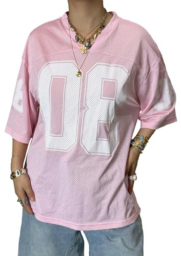 Damen Y2K Basketball-T-Shirt, kurzärmelig, V-Ausschnitt, Zahlendruck, übergroßes T-Shirt, lockeres Blokecore-Jersey, Shirt, ästhetische Streetwear