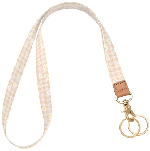 Knagsfa Lanière pour Badge et Clés, Long Cordons de Cou avec Crochet en Métal pour Badges d'Identification, Porte-clés Lanière Mignon pour Femmes, Fleurs à Carreaux Orange