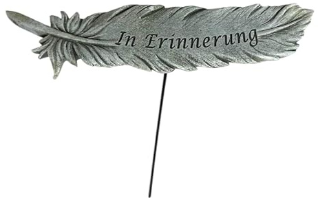 Feder Grabschmuck Deko Figur - Trauerspruch In Erinnerung - Polyresin | Wetterfester Grabstecker in Grau Antik, 14 cm Breite, Frostsicherer Friedhofschmuck, Einzigartige Patina für das Grabmal