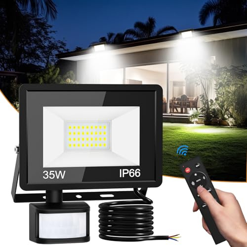vighep Led Strahler mit Bewegungsmelder Außen, 35W Superhell LED Fluter mit Fernbedienung, IP66 Wasserdicht Scheinwerfer, 6500K Kaltweiß Aussenlampe für Garten Garage Hof Wand