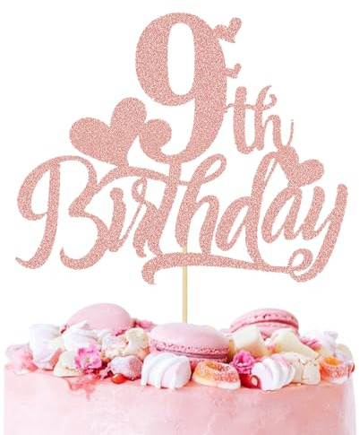HSC Happy 9th Birthday Cake Topper, Number 9, 9th Birthday Decorations for Girls, Rose Gold Glitter Heart Cake Topper, Multi-Use for Party Cake & Photo Props