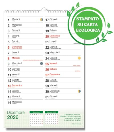 EURO PUBLISHING Calendario da Parete Ecosostenibile 14 mesi 2026 - da Novembre 25 a Dicembre 26