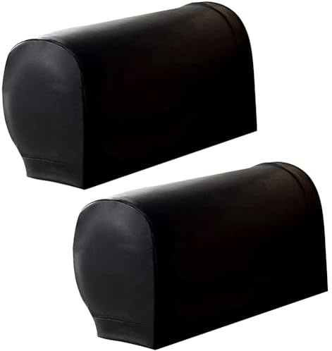 CALFOVERA 2PCS Waterproof PU Leather Armrest Covers Vintage Non-Slip Leather Arm Rest Slipcovers Stretch Black Furniture Armrest Protector Elastic Armchair Sleeves for Recliner Sofa Couch Chairs