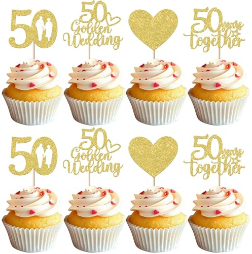 Xsstarmi 24 Pack 50 Golden Wedding Cupcake Toppers Sweet Heart Glitter 50 Years Together Cupcake Picks for Happy 50th Wedding Anniversary Party Cake Decorations Supplies