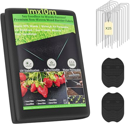 Dripex Telo Pacciamatura 1mx10m con 25 Picchetti, 100g/m² Telo Anti Erbacce per Orto, Giardino, Permeabile all'Acqu, Stabilizzazione UV, Barriera per Erbaccia