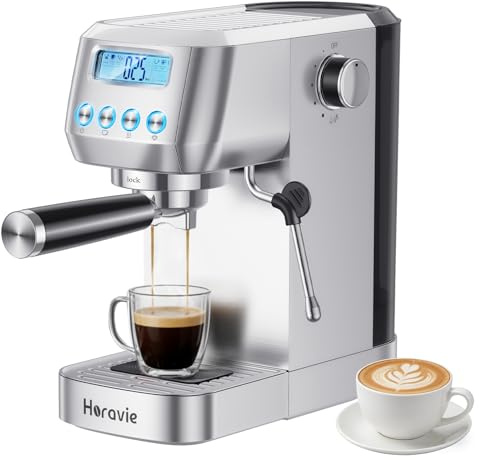 Horavie Espresso Machine 20 Bar, Compact Espresso Maker with Milk Frother, Stainless Steel Cappuccino & Latte Machine with LCD Screen, Adjustable Temperature, 44oz Water Tank for Home, Office