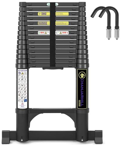 Échelle télescopique en aluminium de 5,1 m - Échelle extensible avec stabilisateur et crochets amovibles - Échelle pliante polyvalente - Échelle de ménage