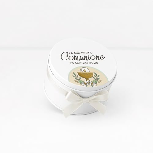 Set 10 Scatoline Portaconfetti Bomboniera, Latta con Tappo Personalizzato, Bomboniera Elegante, Scatola Regalo con Nastro Incluso, 7x7x4.5 cm, per Eventi (Calice Comunione)