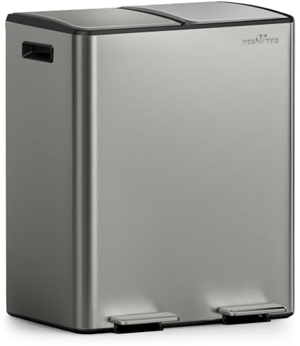 mVm Mülleimer Küche,40 Liter Treteimer,2 x 20 Liter Treteimer, 2 Fächer, Mülltrennsystem, Abfalleimer Küche mit Inneneimer aus Kunststoff,Metall,Klappdeckel, Softclose, Luftdicht