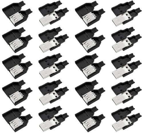 GERUI Lot de 20 connecteurs USB type A mâle USB 2.0 type A mâle USB 2.0 type A mâle USB 4 broches femelle avec boîtier en plastique (noir + argent)