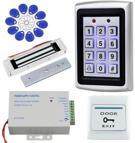 Access Control Metal Kit–Choose 180kg Magnetic Lock or Electric Strike, Includes Power Supply, Exit Button, 10 Blue ID Keyfobs–125kHz, 1000 Users, Wiegand 26–for Office/Warehouse Security