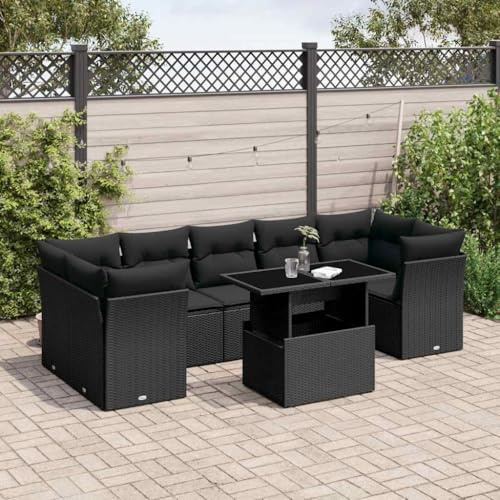 KKHOMEI Polyrattan Gartenmöbel Set mit Höhenverstellbarer Gartentisch Garten Essgruppe Lounge Rattan Terassenmöbel Außen mit Kissen Sitzecke Outdoor Rattan Ecklounge Schwarz 8-TLG Type-756