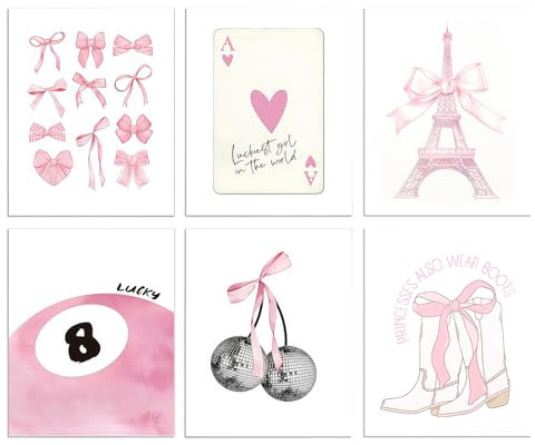 6 Pcs Moderne Preppy Poster Rosa Schleife Wandkunst Zimmerdekoration Drucke | 20X25 cm Modischer Preppy Wandkunst Drucke Set Disco 8 Ball Kirsche Wand Deko Poster für Mädchen