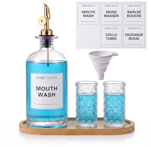 SparkleJoy Munvattendispenser i glas 500 ml med 2 glaskoppar och tratt, munspoldispenserset med bricka och 5 förtryckta klistermärken, eleganta badrumstillbehör