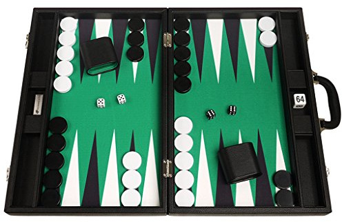 Silverman & Co. 48 x 64 cm Backgammon Reise Koffer für Erwachsene – schwarzes Kunstleder – faltbares Backgammon-Set mit grünem Spielfeld sowie schwarzen und weißen Spielpunkten – leicht & tragbar