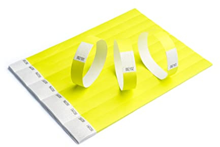 100 Papier-Armbänder aus Tyvek, 19 mm für Events, Festivals, reißfest und personalisierbar, in 12 Farben erhältlich 19mm gelb, fluoreszierend