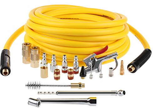 Hromee 19 Pieces Air Compressor Accessories Kit with 3/8 Inch x 25FT Hybrid Hose, 1/4 Inch NPT Quick Connect Fittings, Air Blow Gun, Tire Gauge and Wire Brush