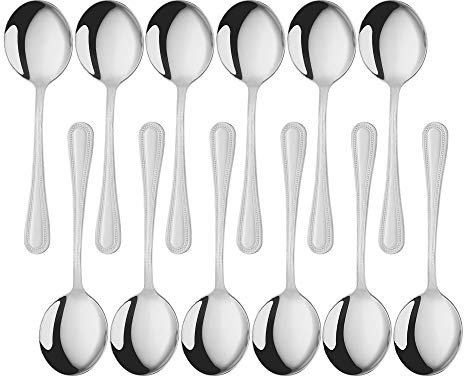 Meisha Classic Bead Cucchiaio da brodo, in Acciaio Inox 18/0, 12 cucchiai da minestra Rotondi lucidatura a Specchio 6.6 Pollici - Everyday Parish Posate - Argento