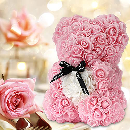 Rose Flower Bear - Hand Made Teddy Bear, Best Artificial Decoration Gift for Women, Mom, Girls - Birthday, Party - Unique Present in Clear Gift Box (Light Pink)