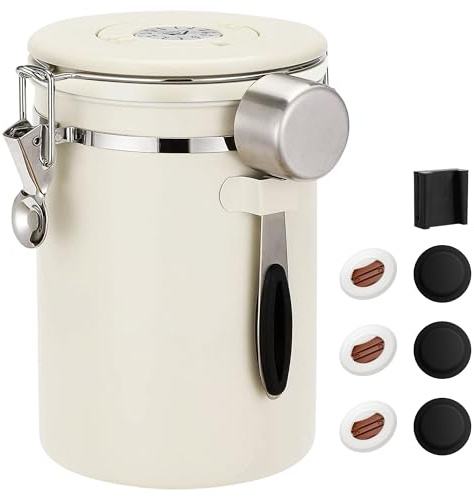 ShanSon Coffee Canister Airtight Coffee Container Stainless Steel Coffee Bean Storage Container with Scoop Coffee Canister for Beans Grounds Sugar Flour Tea Cereal,22OZ,Beige