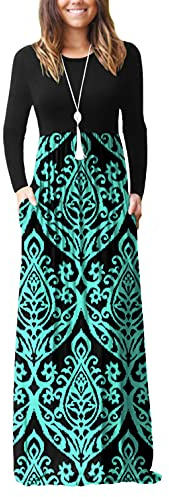 GRECERELLE Women's Casual Maxi Dress Long Sleeve Long Dresses with Pockets and Sleeves for Ladies (Blue Green, M)