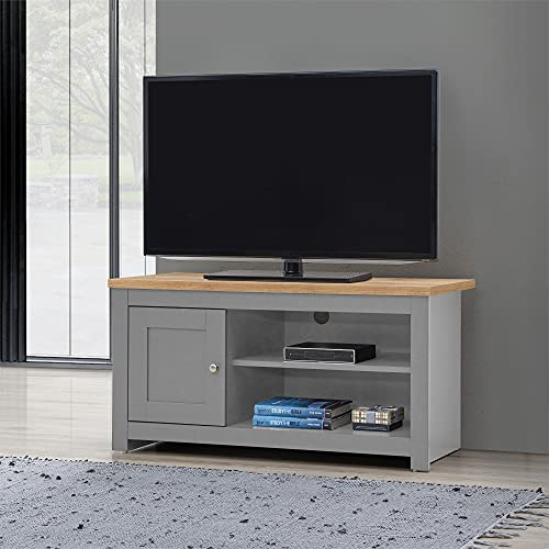 Timber Art Design UK TV Unit Cabinet Storage Stand With 2 Open Shelves Media Devices Modern Furniture Living Room, Light Grey - 50 x 99 x 40 cm