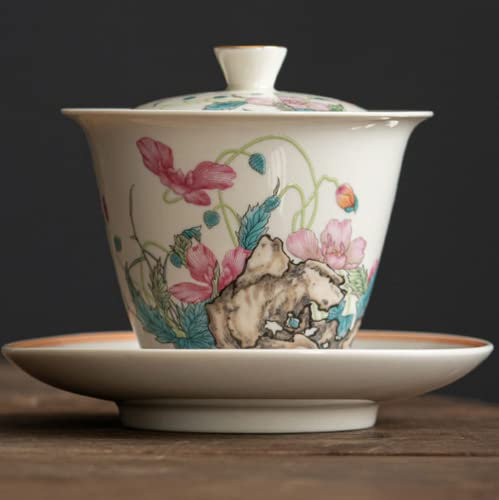 XIALON 130ml Antico Tazza di Tè Ceramica Gaiwan Kung Fu Set di Tè Retro Fiore Modello Zuppiera