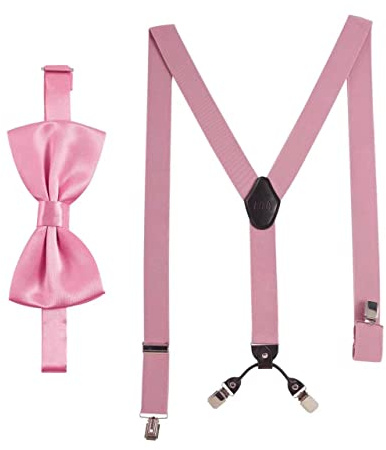 Massi Morino I set hängslen med fluga I Y-formad hängslen med I-klämmor Bredd 3,5 cm I Justerbar Längd Förbundna Fluga, Rosenröd, one size