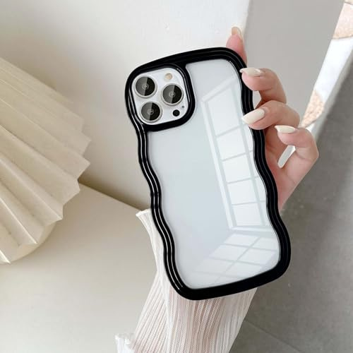 UEEBAI Case for iPhone 14 Pro Max 6.7 inch Phone Case, Clear Cute Simple Wave Frame Curvy Slim Fit Shockproof Protective Phone Bumper Cover Translucent Soft Pretty Anti-Scratch TPU Case - Black