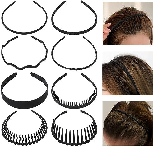 AKTVSHOW Kunststoff Haarband, 8 Stück Schwarz Haarreifen Männer Zickzack Haarreif Herren Multi-Style Elastisches Haarreif für Damen Stirnband mit Zähnen Dünne Rutschfeste Haarbänder