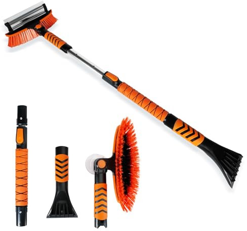 Aranknew Grattoir à Glace de Voiture, 3 en 1 Brosse à Neige Robuste avec Raclette et Manche Extensible en Aluminium, Poignée en Mousse, 270° Tête de Brosse Rotative pour SUV, Camion, Voiture