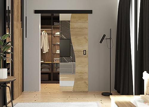 KIER FURNITURE Schiebetüren mit Spiegeln FALA – Schiebetür Komplettset Schiene Komplettset Mit Tür – Zimmertüren Mit Zarge Komplett - B66xH205xT1,6 cm - Eiche Craft Gold