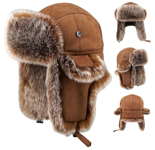 OSMARI Unisex Wildleder Pilotenhut Trappermütze Russische Mütze Wintermütze Bombermützen für Herren, winddichte Kunstfellmütze mit Ohrenklappen für Radfahren, Camping, Wandern, braun, L