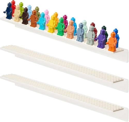 Tapeera 3-pack Minifigur Displayhylla för Vägg – Svävande Akrylhyllor med Vita Byggplattor – Vägghängd Förvaring och Organisering för Figurer och Byggklossar (Plats för 72 Figurer)