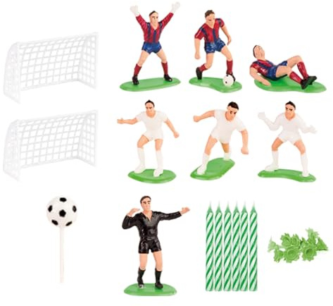 dekora - Kit PVC fútbol para tartas, con velas y bases | Kit fútbol de plástico con figuras, porterías, balón, 10 velas y bases; apto para tartas, cupcakes y cumpleaños.
