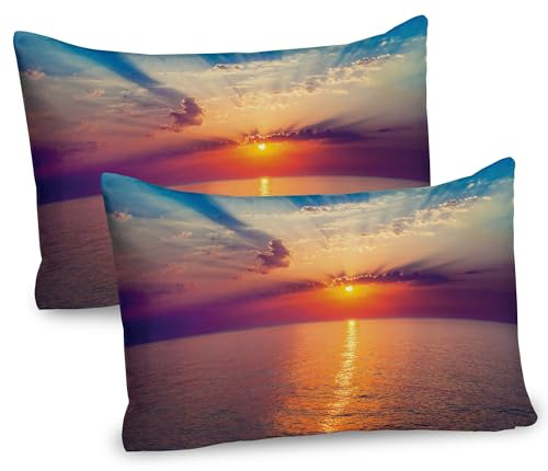 ABAKUHAUS Ozean Packung mit 2, Majestätischer Sonnenaufgang in ruhigem See Horizont-Dämmerung strahlt Wolken-Wasser-Reflexion aus, Dekorativer Gedruckter, 80 x 40 cm, Orange Violett Blau